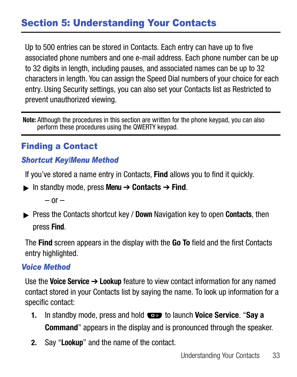 Section 5: understanding your contacts, Finding a contact | Samsung SEC-R451ZKGSTT User Manual | Page 37 / 66