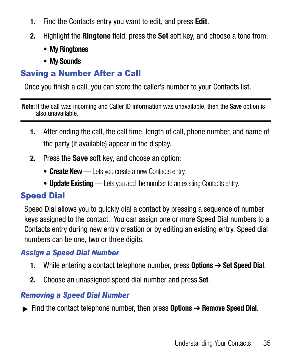 Saving a number after a call, Speed dial | Samsung SEC-R451ZKGSTT User Manual | Page 39 / 66