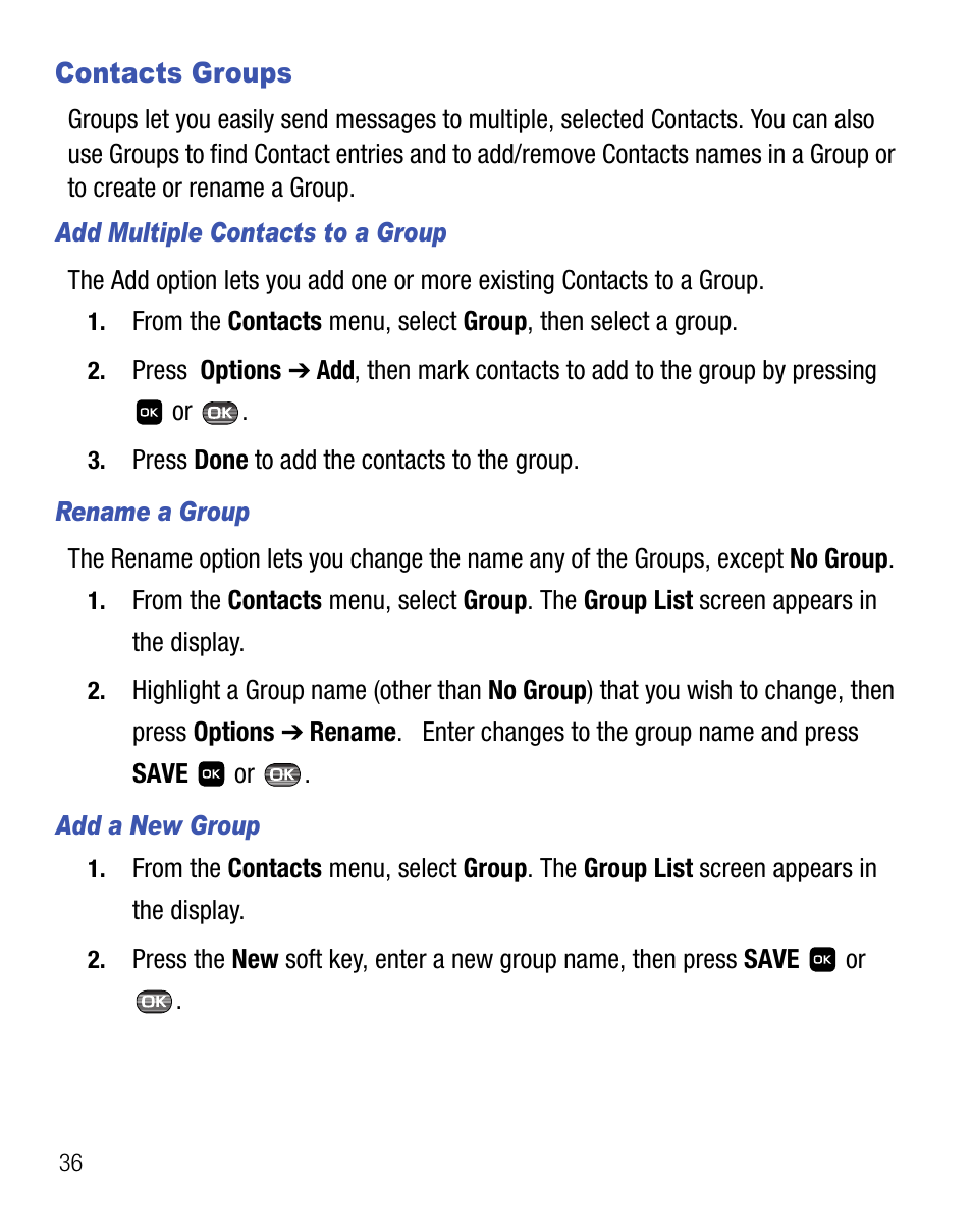 Contacts groups | Samsung SEC-R451ZKGSTT User Manual | Page 40 / 66