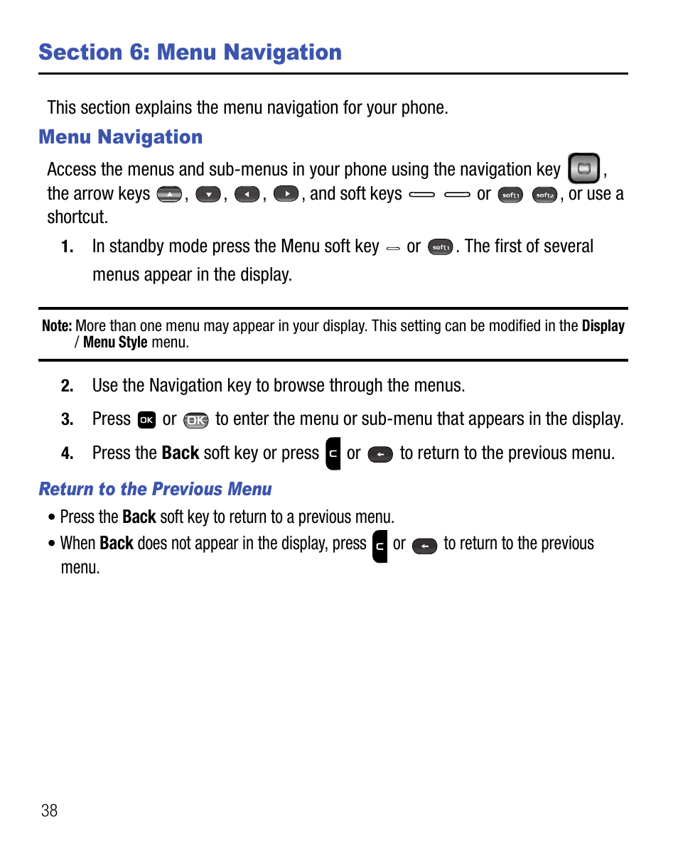 Section 6: menu navigation, Menu navigation | Samsung SEC-R451ZKGSTT User Manual | Page 42 / 66