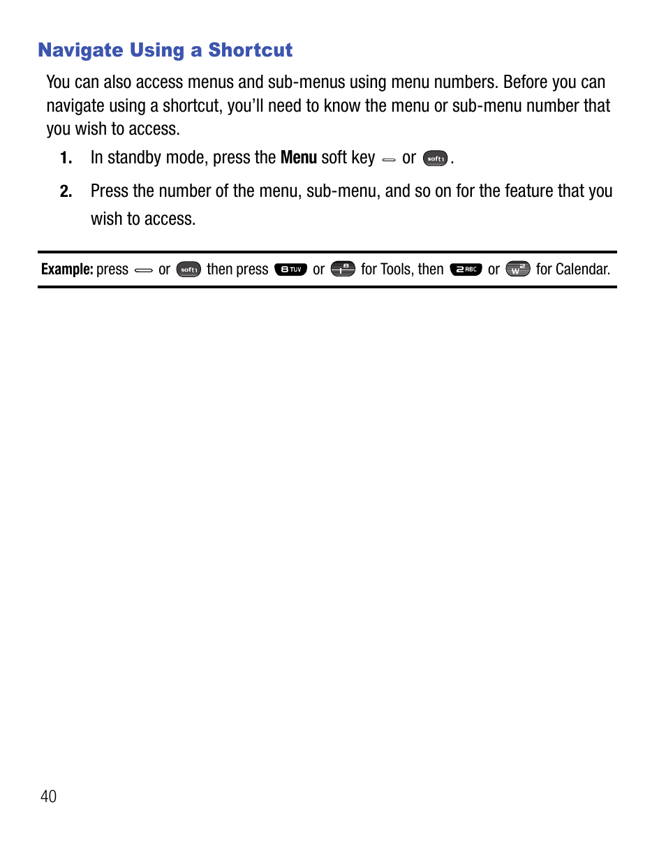 Navigate using a shortcut | Samsung SEC-R451ZKGSTT User Manual | Page 44 / 66