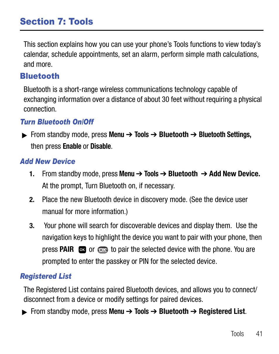 Section 7: tools, Bluetooth | Samsung SEC-R451ZKGSTT User Manual | Page 45 / 66