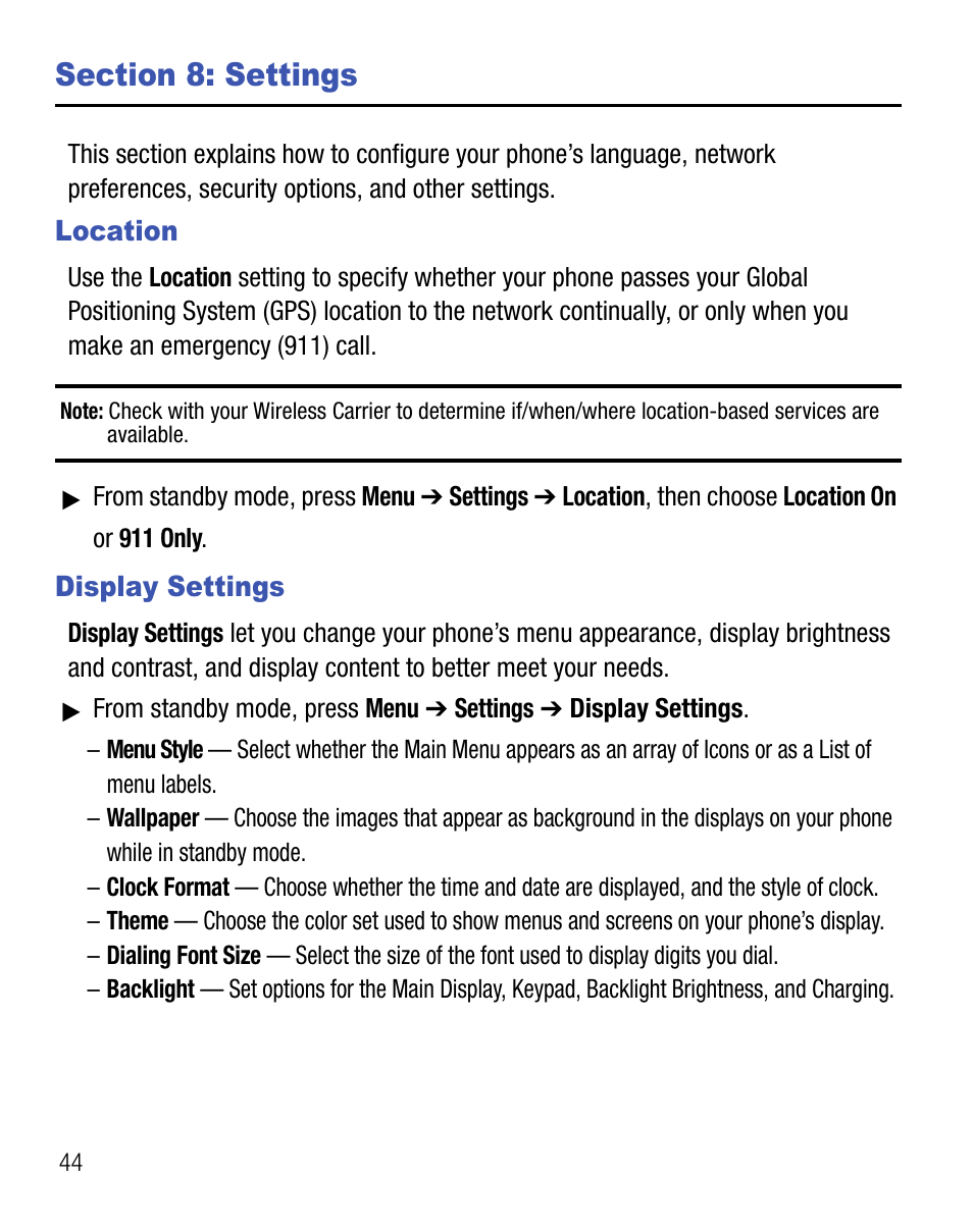 Section 8: settings, Location, Display settings | Location display settings | Samsung SEC-R451ZKGSTT User Manual | Page 48 / 66