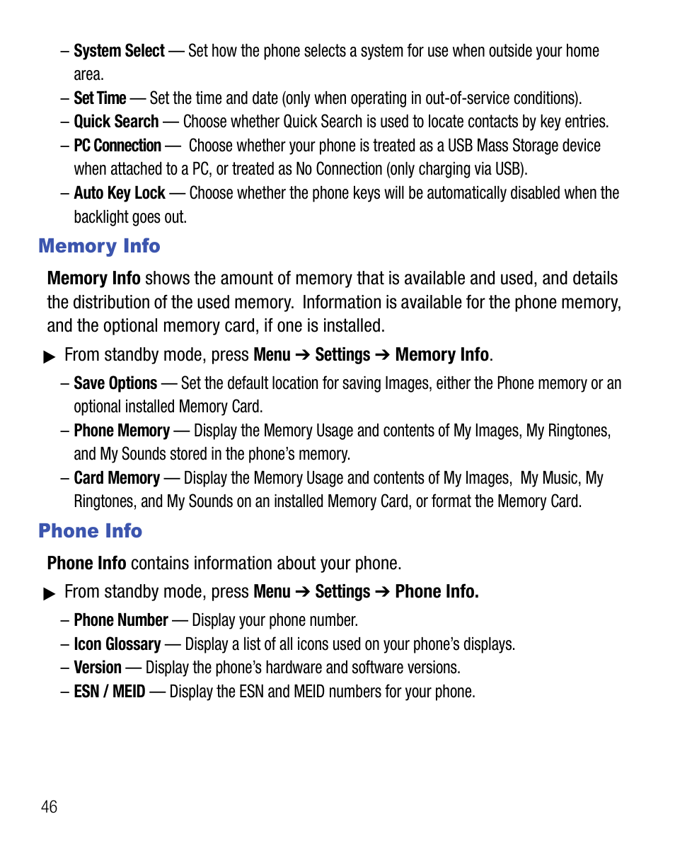 Memory info, Phone info, Memory info phone info | Samsung SEC-R451ZKGSTT User Manual | Page 50 / 66