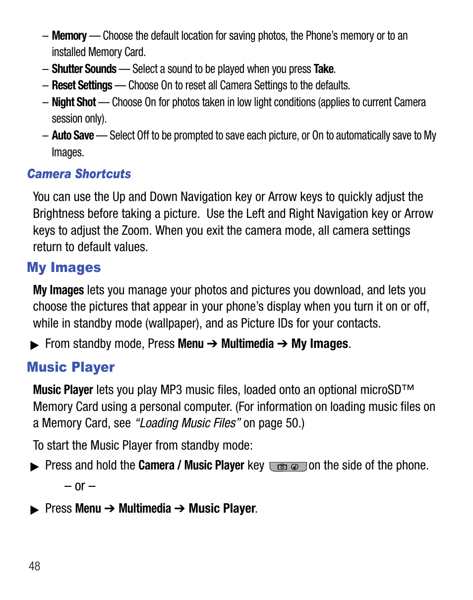 My images, Music player, My images music player | Samsung SEC-R451ZKGSTT User Manual | Page 52 / 66