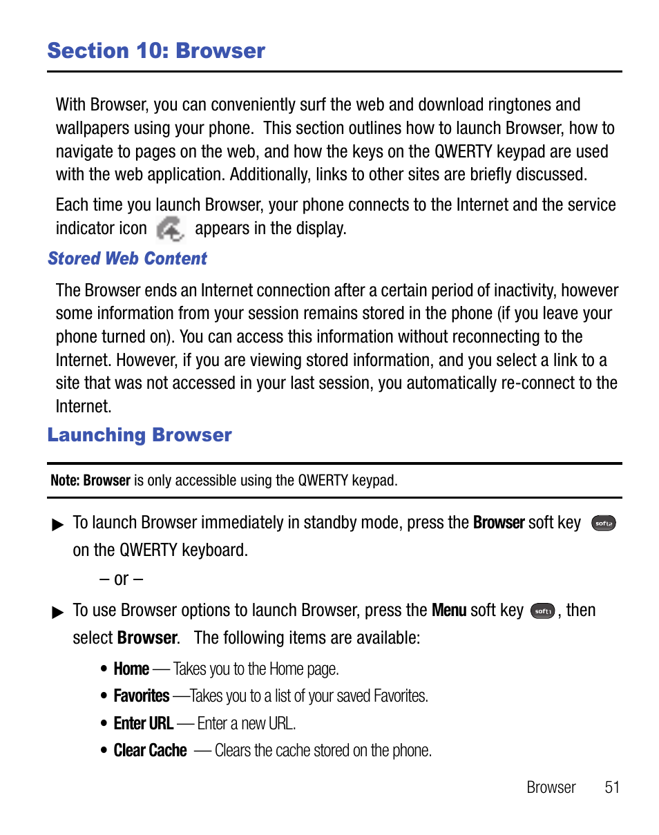Section 10: browser, Launching browser | Samsung SEC-R451ZKGSTT User Manual | Page 55 / 66