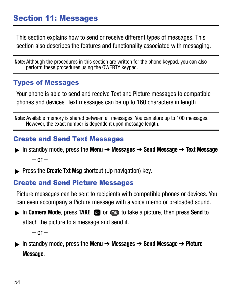 Section 11: messages, Types of messages, Create and send text messages | Create and send picture messages | Samsung SEC-R451ZKGSTT User Manual | Page 58 / 66