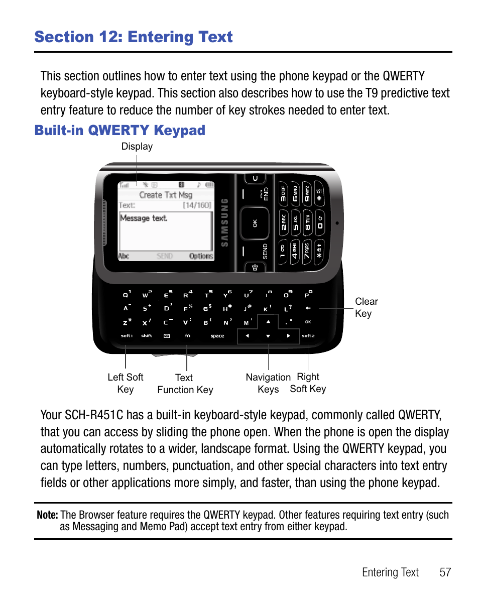 Section 12: entering text, Built-in qwerty keypad | Samsung SEC-R451ZKGSTT User Manual | Page 61 / 66