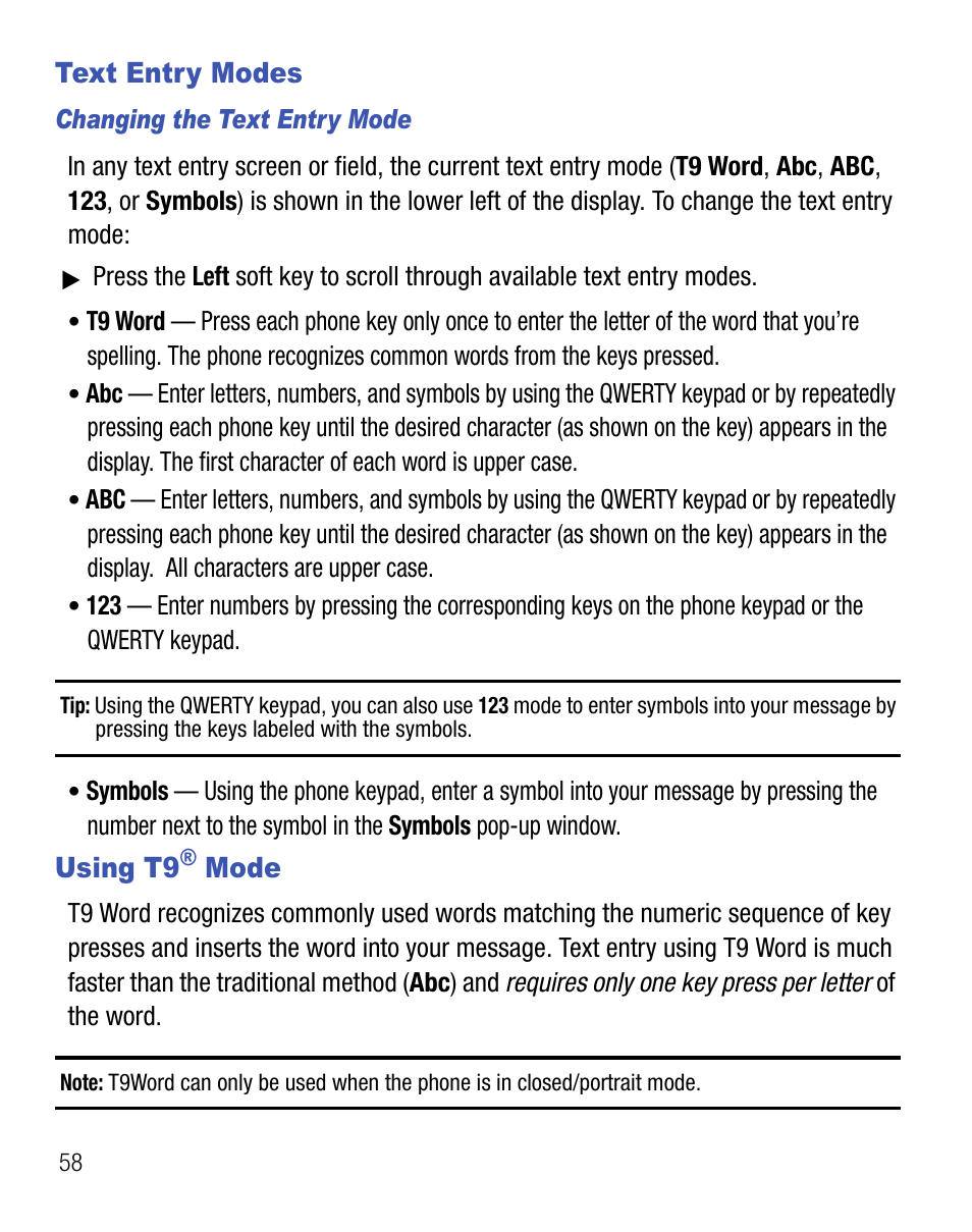 Text entry modes, Using t9® mode, Text entry modes using t9® mode | Samsung SEC-R451ZKGSTT User Manual | Page 62 / 66