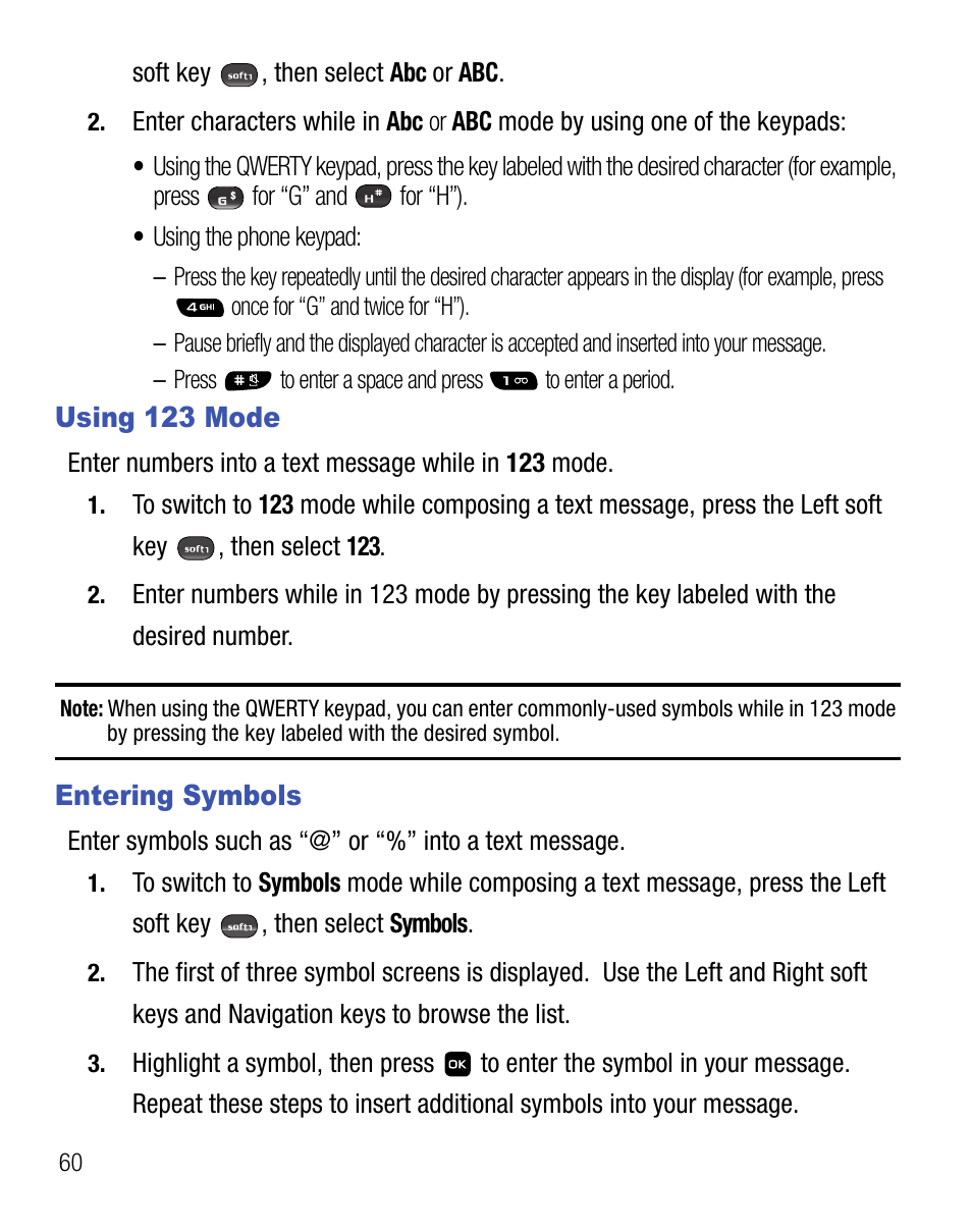 Using 123 mode, Entering symbols, Using 123 mode entering symbols | Samsung SEC-R451ZKGSTT User Manual | Page 64 / 66