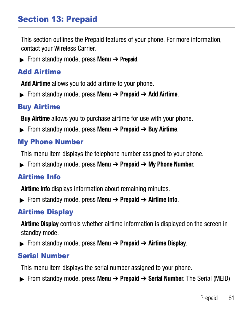 Section 13: prepaid, Add airtime, Buy airtime | My phone number, Airtime info, Airtime display, Serial number | Samsung SEC-R451ZKGSTT User Manual | Page 65 / 66