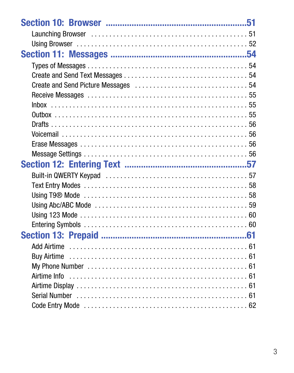Section 10: browser 51, Section 11: messages 54, Section 12: entering text 57 | Section 13: prepaid 61 | Samsung SEC-R451ZKGSTT User Manual | Page 7 / 66