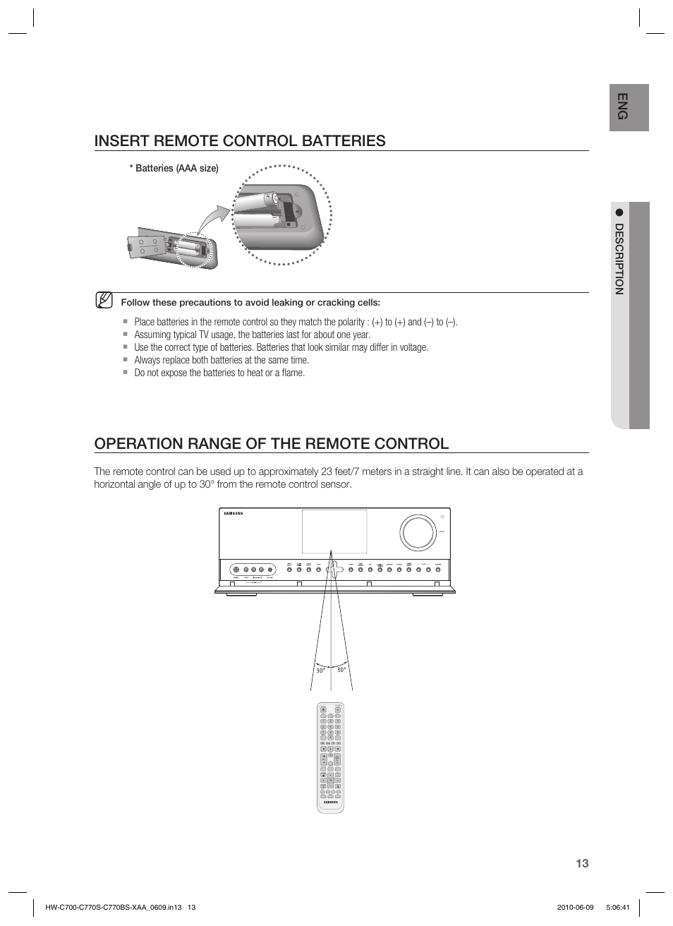 Insert remote control batteries, Operation range of the remote control | Samsung HW-C700B-XAA User Manual | Page 13 / 62