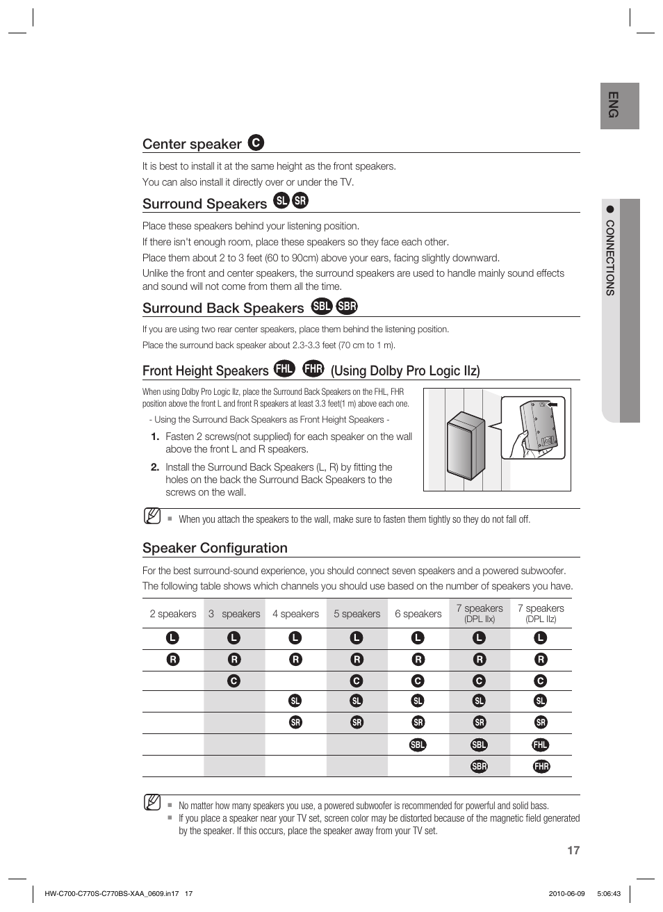 Center speaker, Surround speakers, Surround back speakers | Front height speakers, Using dolby pro logic iiz), Speaker conﬁ guration | Samsung HW-C700B-XAA User Manual | Page 17 / 62