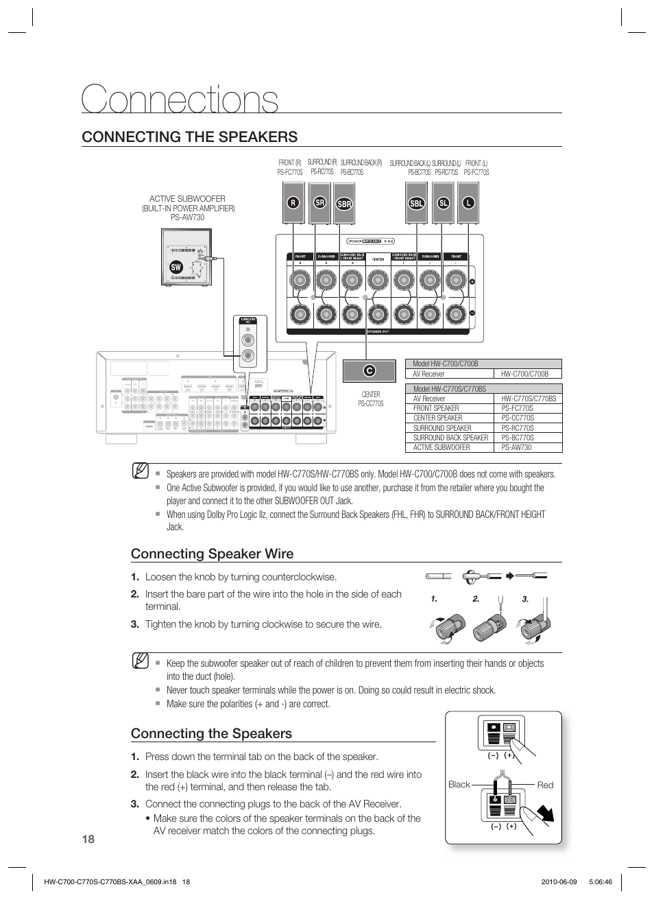 Connections, Connecting the speakers, Connecting speaker wire | Samsung HW-C700B-XAA User Manual | Page 18 / 62