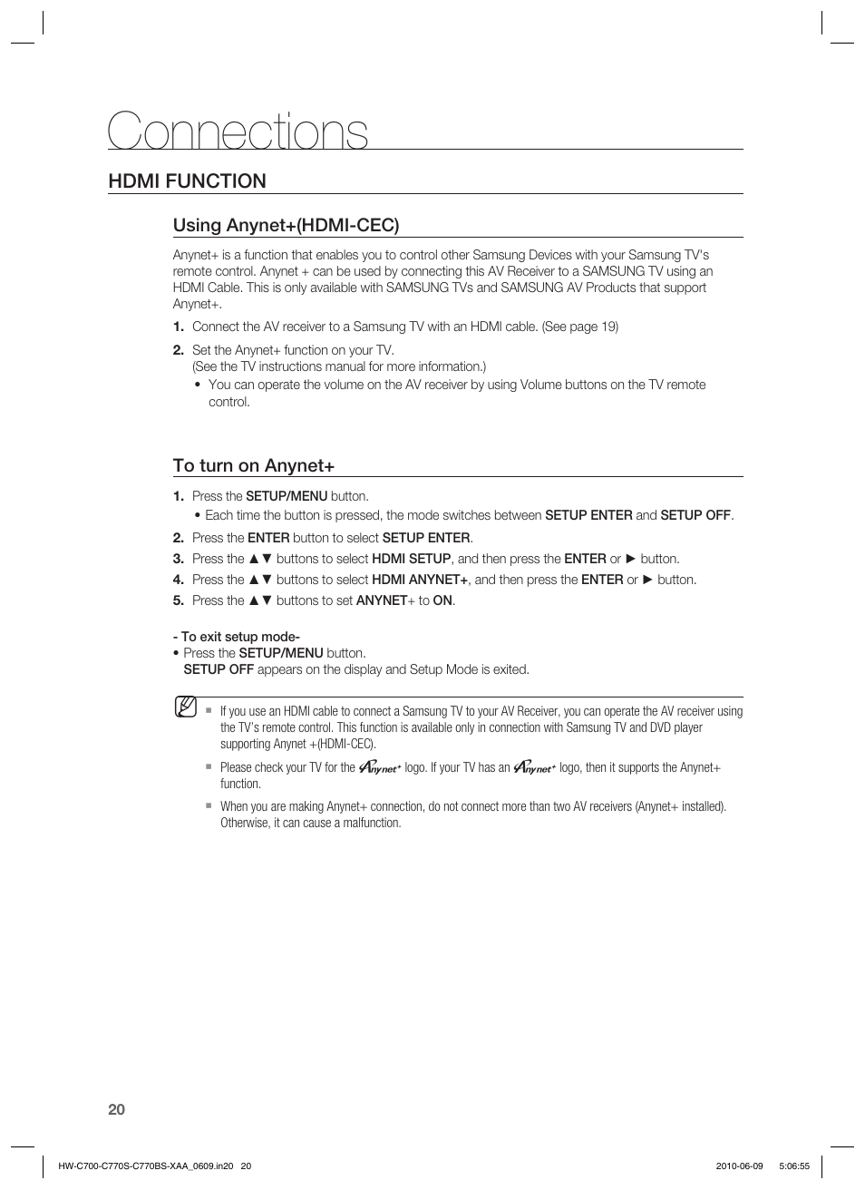 Connections, Hdmi function, Using anynet+(hdmi-cec) | Samsung HW-C700B-XAA User Manual | Page 20 / 62