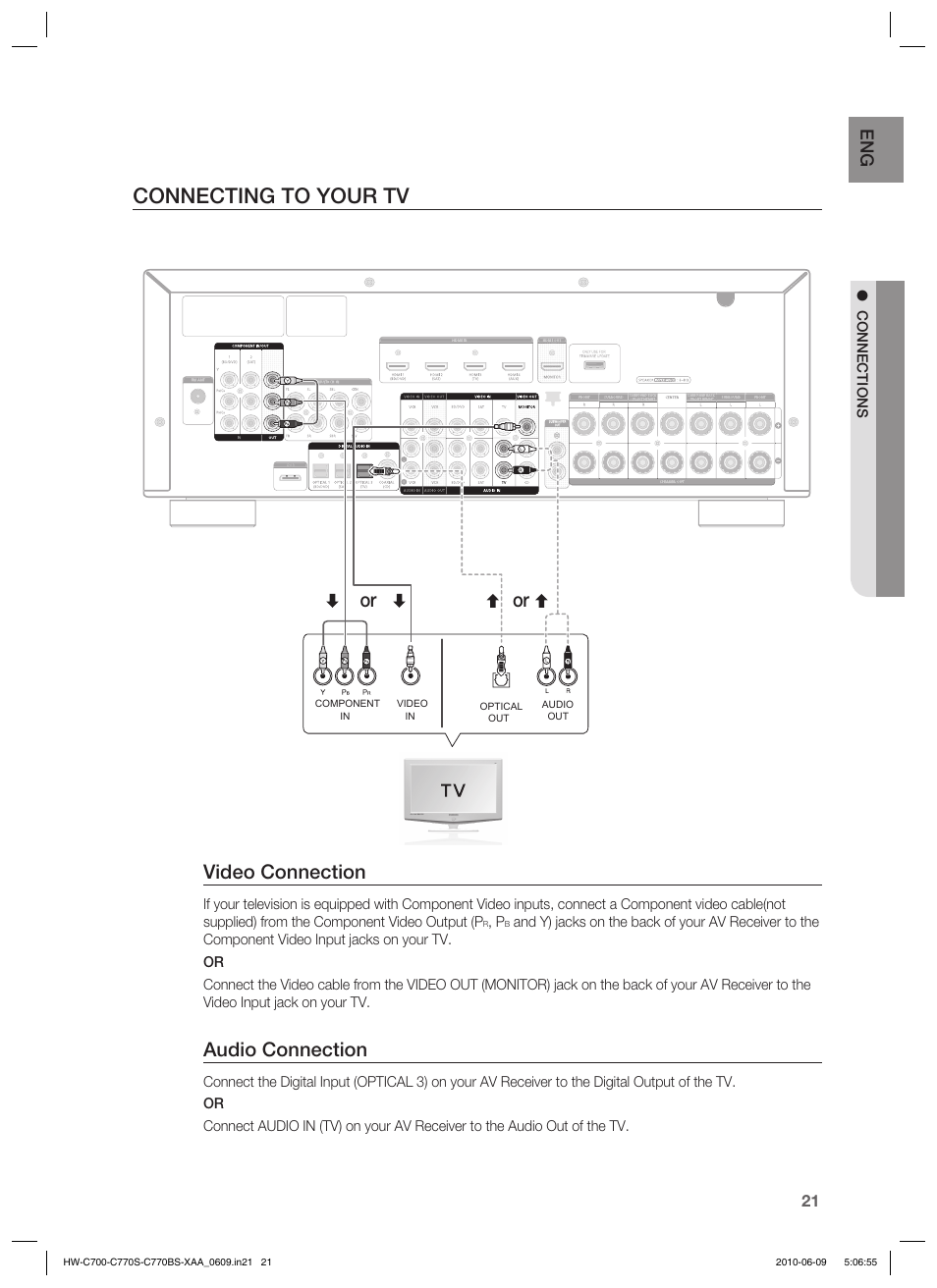 Connecting to your tv, Video connection, Audio connection | Samsung HW-C700B-XAA User Manual | Page 21 / 62