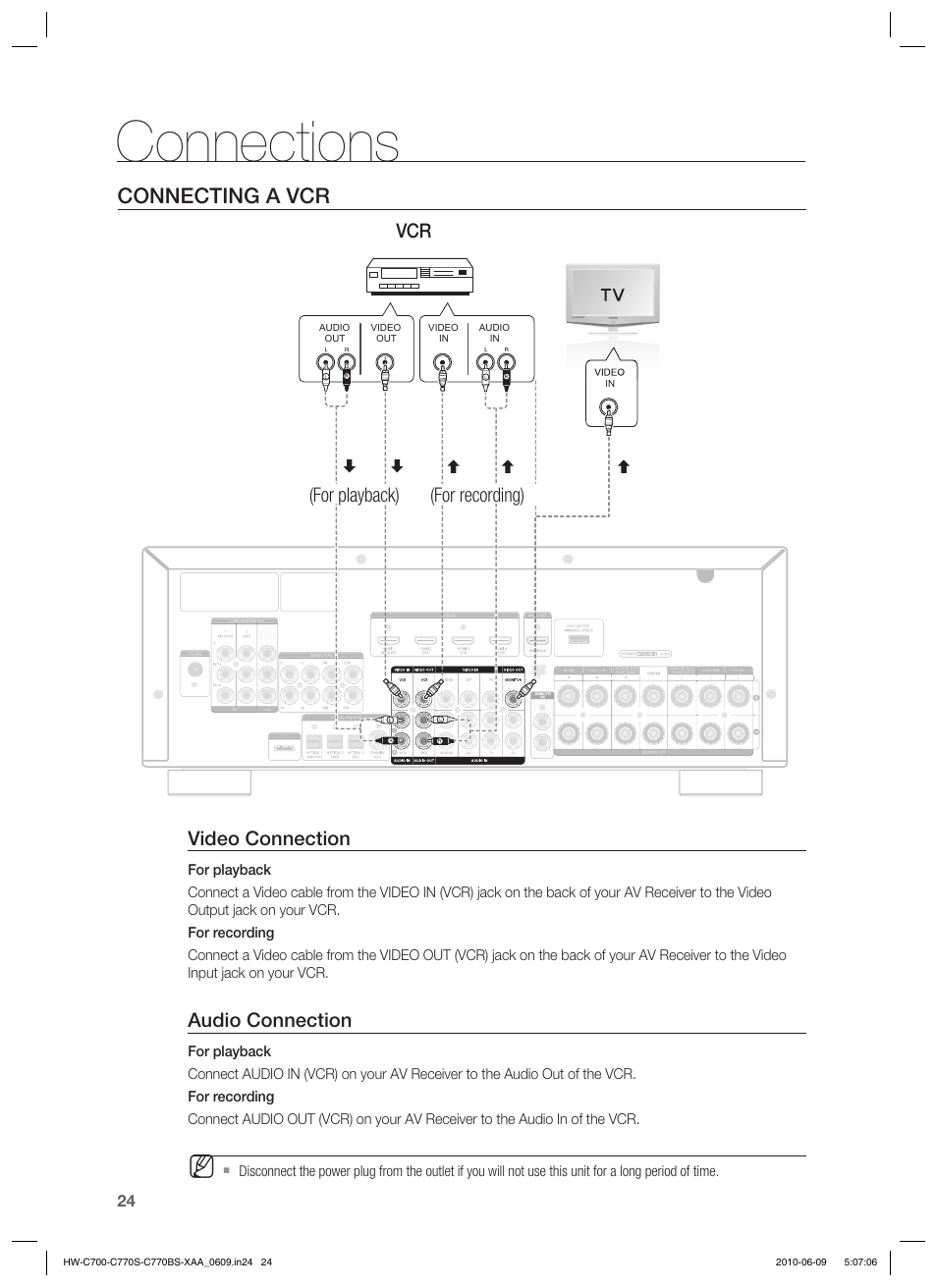 Connections, Connecting a vcr, Video connection | Audio connection, Vcr (for playback) (for recording) | Samsung HW-C700B-XAA User Manual | Page 24 / 62