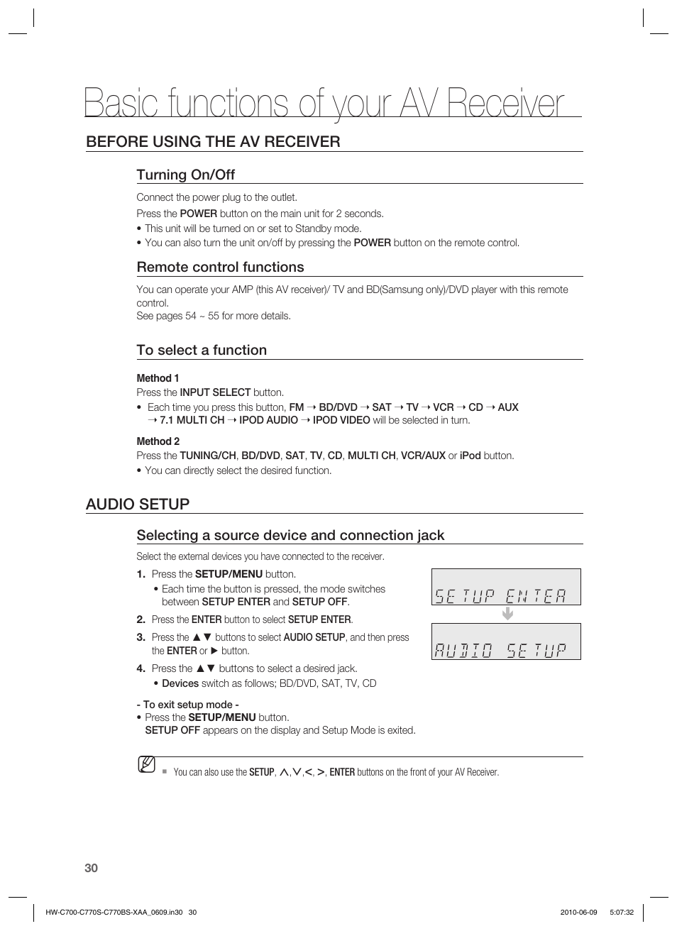 Basic functions of your av receiver, Before using the av receiver, Audio setup | Samsung HW-C700B-XAA User Manual | Page 30 / 62