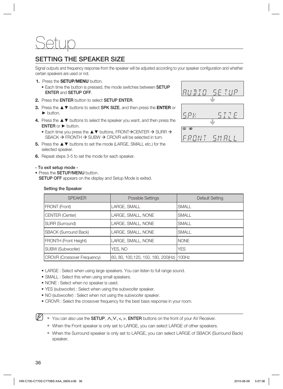 Setup, Setting the speaker size | Samsung HW-C700B-XAA User Manual | Page 36 / 62