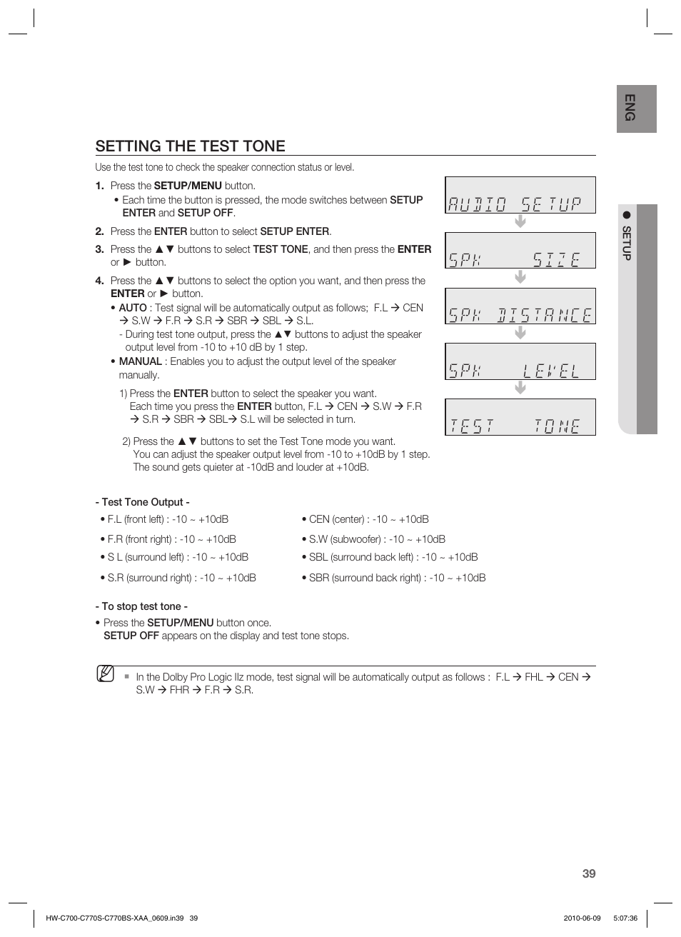 Setting the test tone | Samsung HW-C700B-XAA User Manual | Page 39 / 62