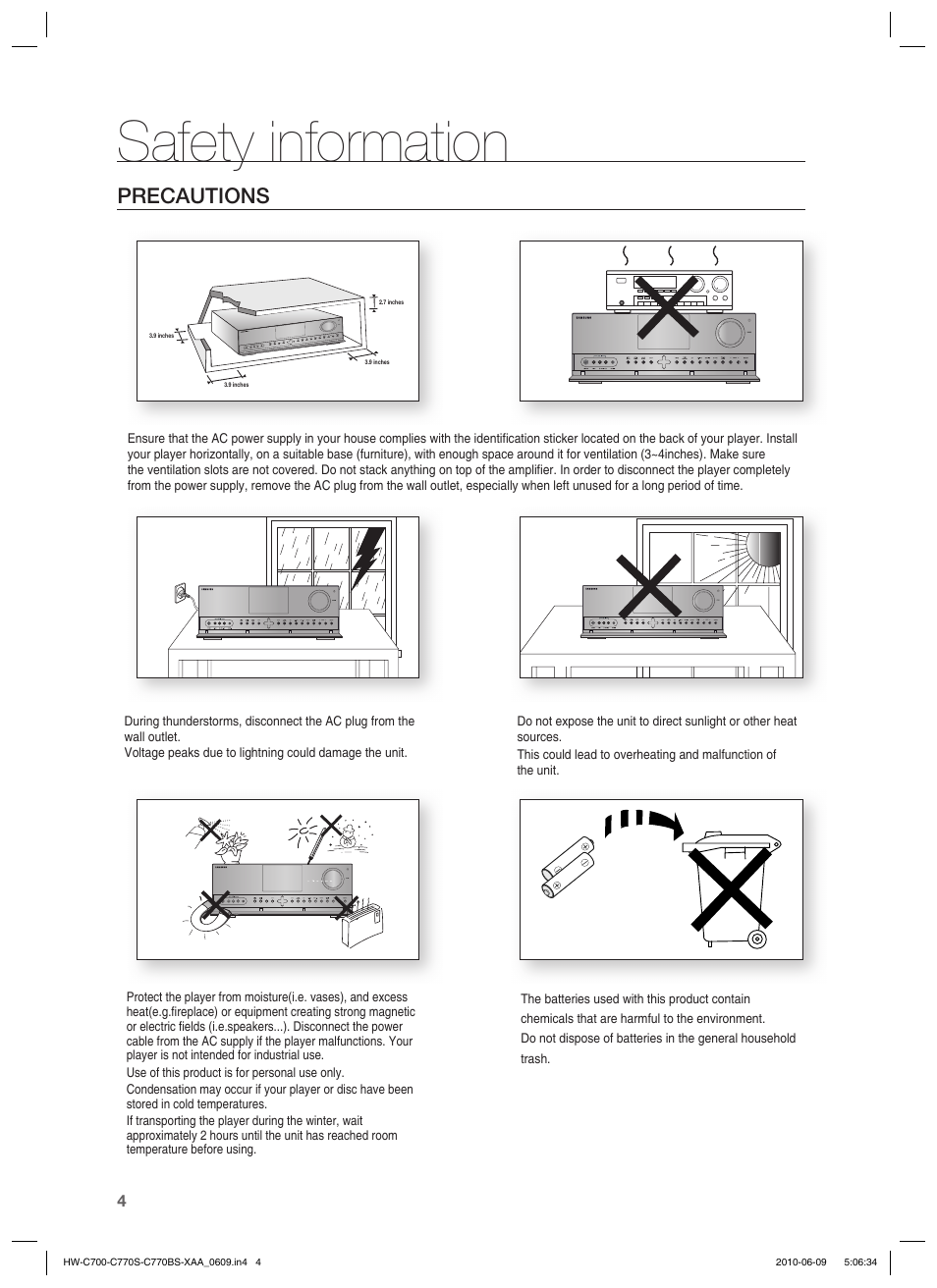 Safety information, Precautions | Samsung HW-C700B-XAA User Manual | Page 4 / 62