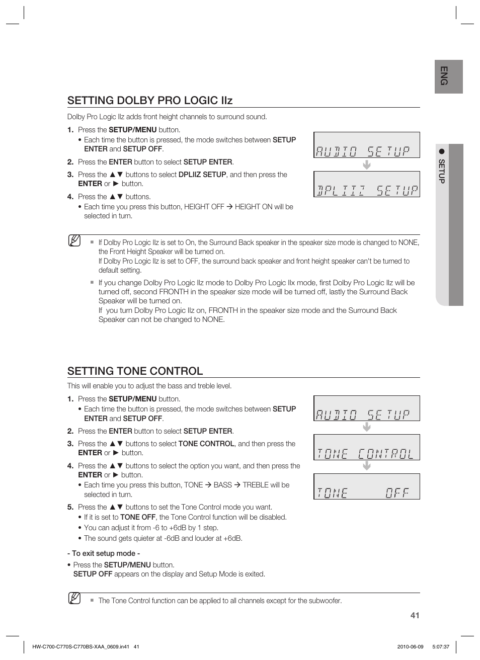 Setting dolby pro logic iiz, Setting tone control | Samsung HW-C700B-XAA User Manual | Page 41 / 62