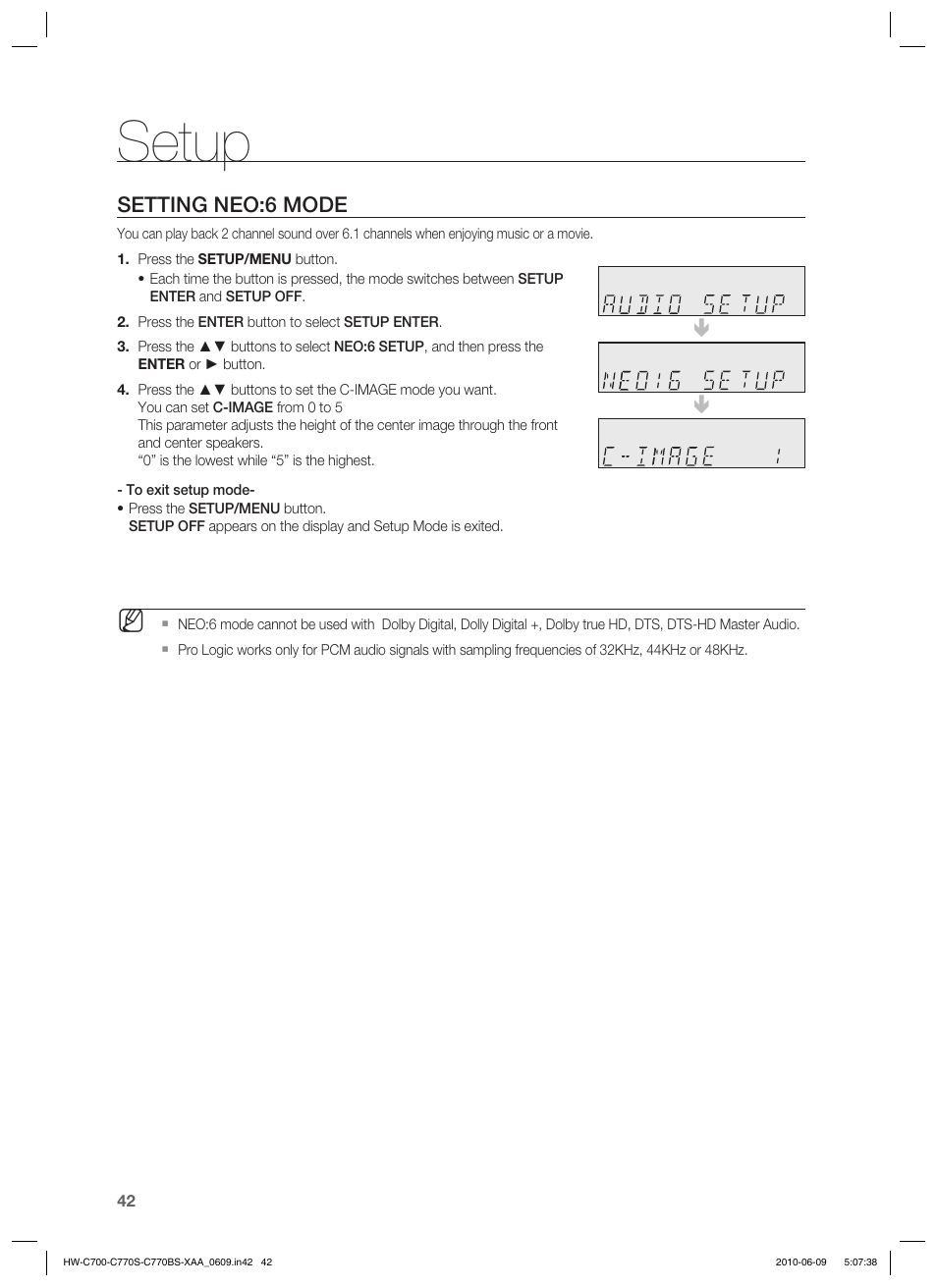 Setup, Setting neo:6 mode | Samsung HW-C700B-XAA User Manual | Page 42 / 62