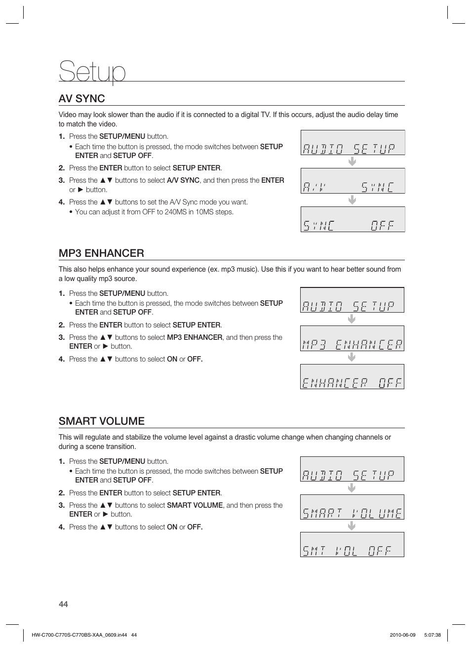 Setup, Av sync, Mp3 enhancer | Smart volume | Samsung HW-C700B-XAA User Manual | Page 44 / 62