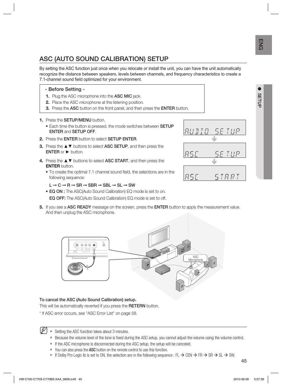 Asc (auto sound calibration) setup | Samsung HW-C700B-XAA User Manual | Page 45 / 62