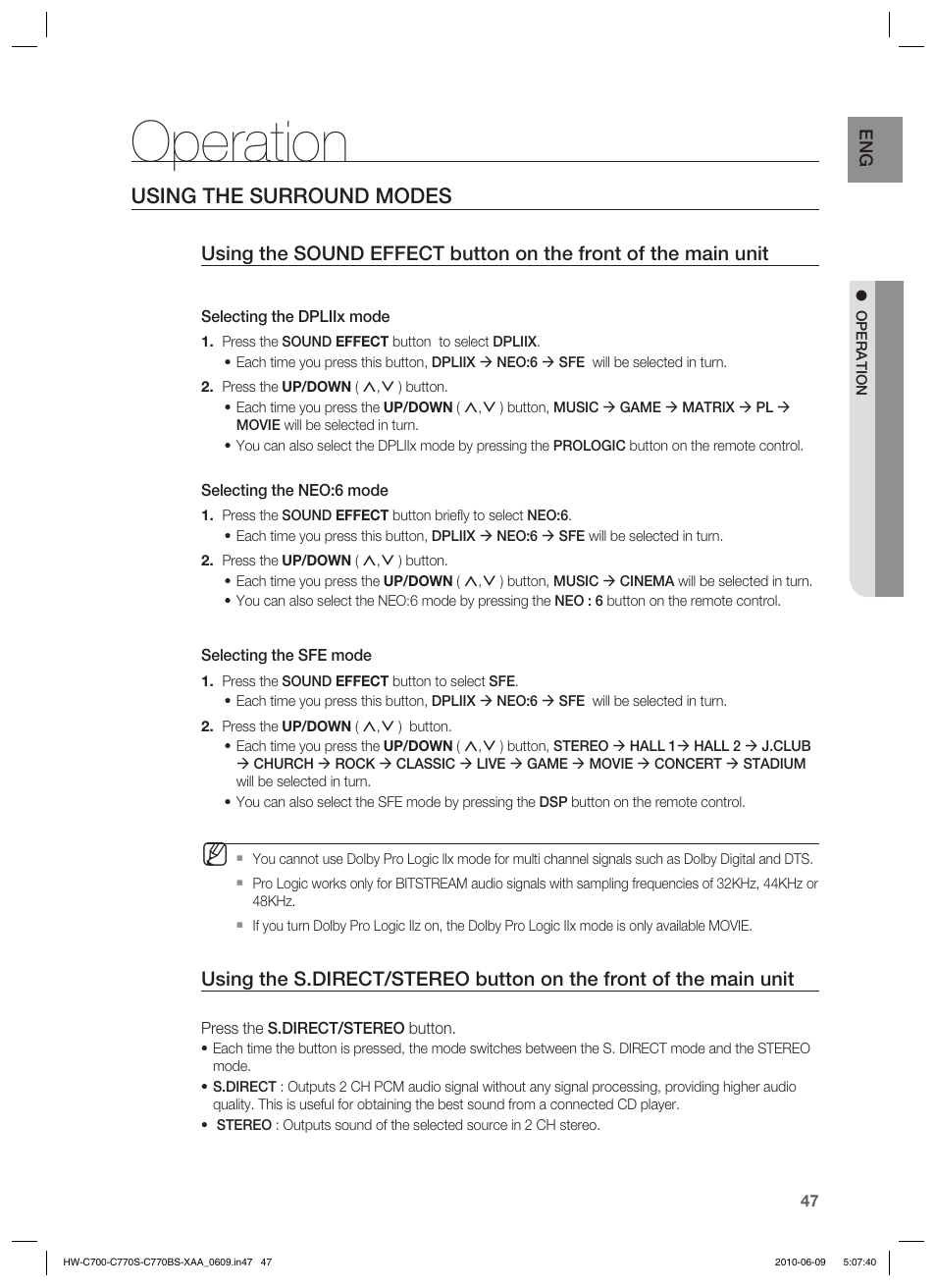 Operation, Using the surround modes | Samsung HW-C700B-XAA User Manual | Page 47 / 62