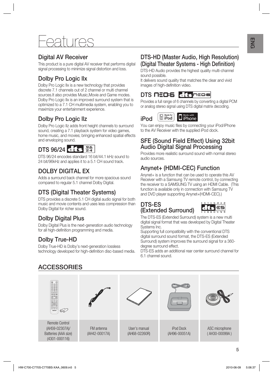 Features, Digital av receiver, Dolby pro logic llx | Dolby pro logic llz, Dts 96/24, Dolby digital ex, Dts (digital theater systems), Dolby digital plus, Dolby true-hd, Ipod | Samsung HW-C700B-XAA User Manual | Page 5 / 62