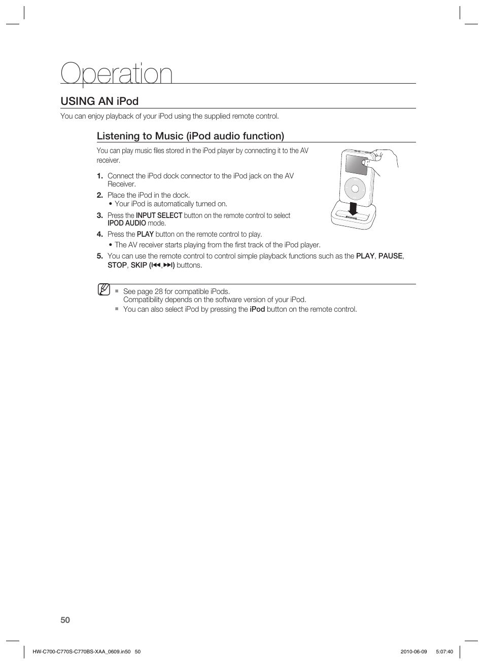 Operation, Using an ipod | Samsung HW-C700B-XAA User Manual | Page 50 / 62