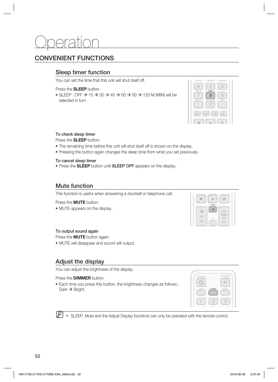 Operation, Convenient functions, Sleep timer function | Mute function, Adjust the display | Samsung HW-C700B-XAA User Manual | Page 52 / 62