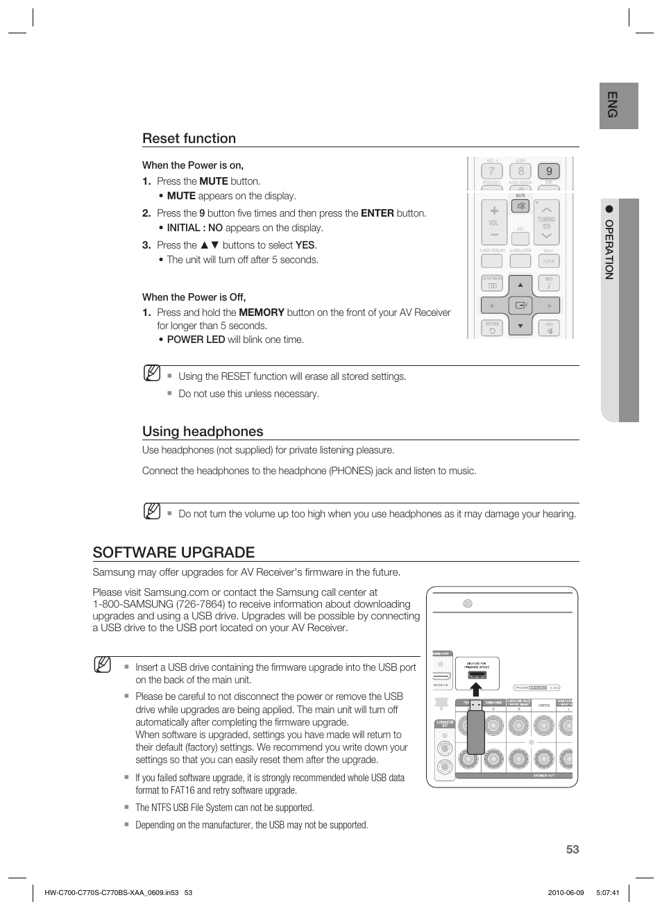 Software upgrade, Reset function, Using headphones | Samsung HW-C700B-XAA User Manual | Page 53 / 62