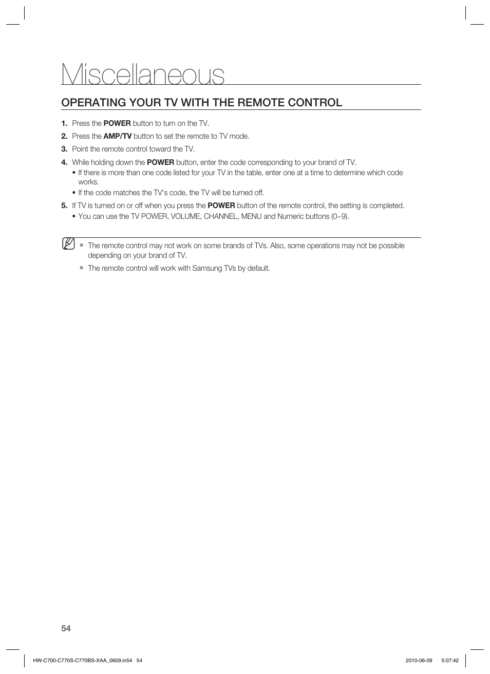 Miscellaneous, Operating your tv with the remote control | Samsung HW-C700B-XAA User Manual | Page 54 / 62