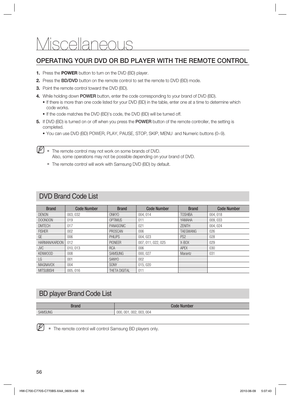 Miscellaneous, Bd player brand code list, Dvd brand code list | Samsung HW-C700B-XAA User Manual | Page 56 / 62