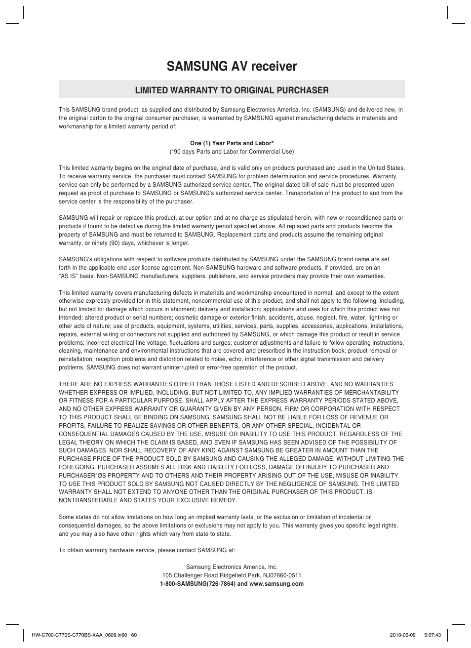 Samsung av receiver, Limited warranty to original purchaser | Samsung HW-C700B-XAA User Manual | Page 60 / 62