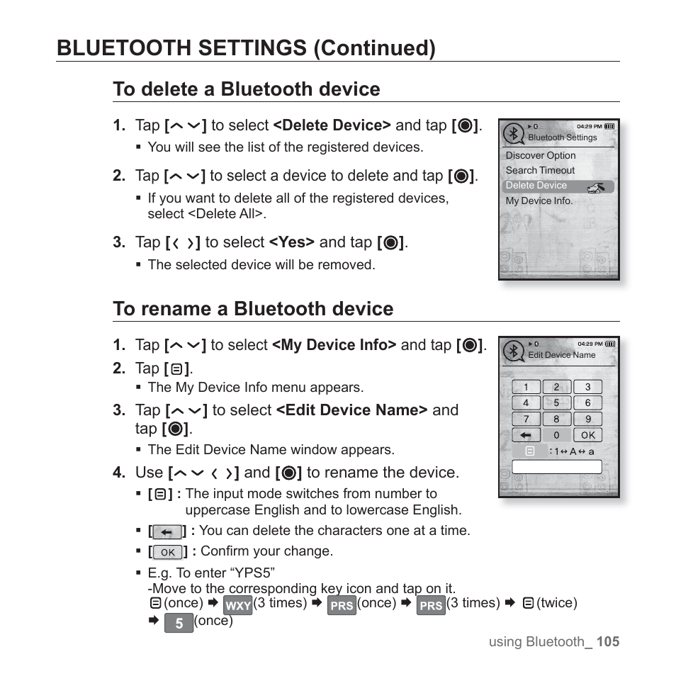 Bluetooth settings (continued) | Samsung YP-T10JAGY-XAA User Manual | Page 105 / 121