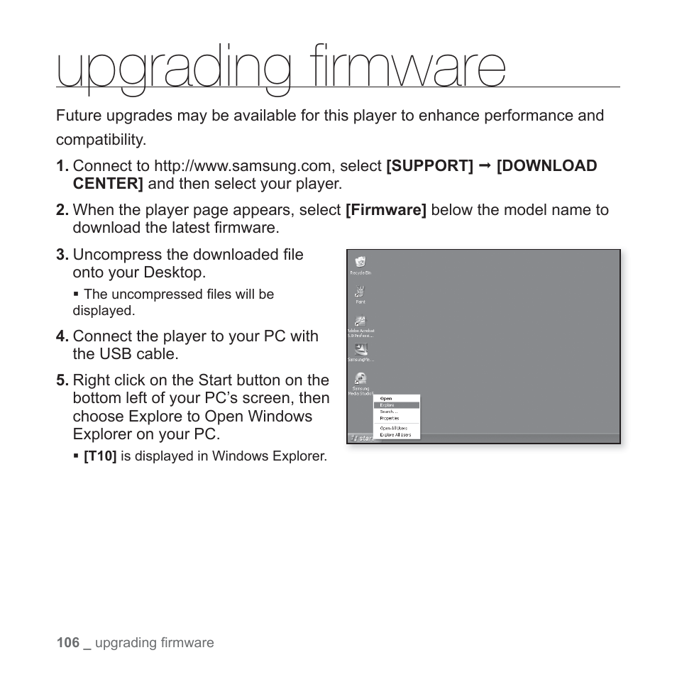 Upgrading firmware, Upgrading ﬁ rmware | Samsung YP-T10JAGY-XAA User Manual | Page 106 / 121