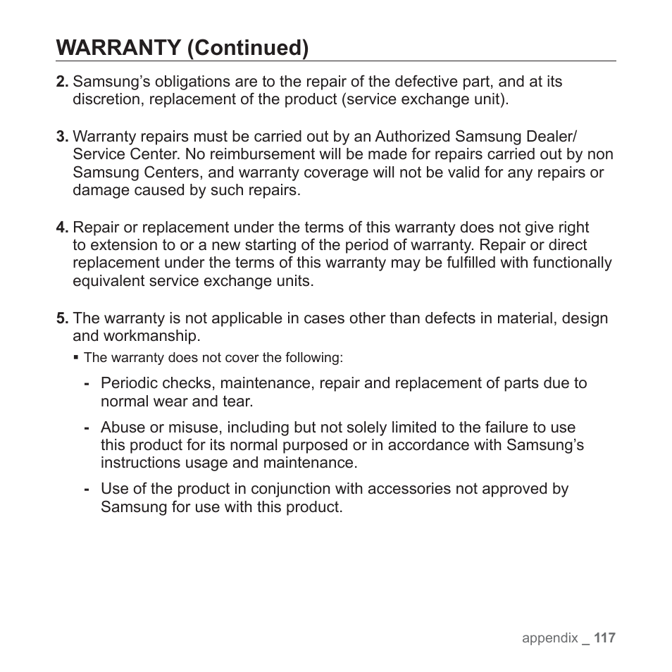 Warranty (continued) | Samsung YP-T10JAGY-XAA User Manual | Page 117 / 121
