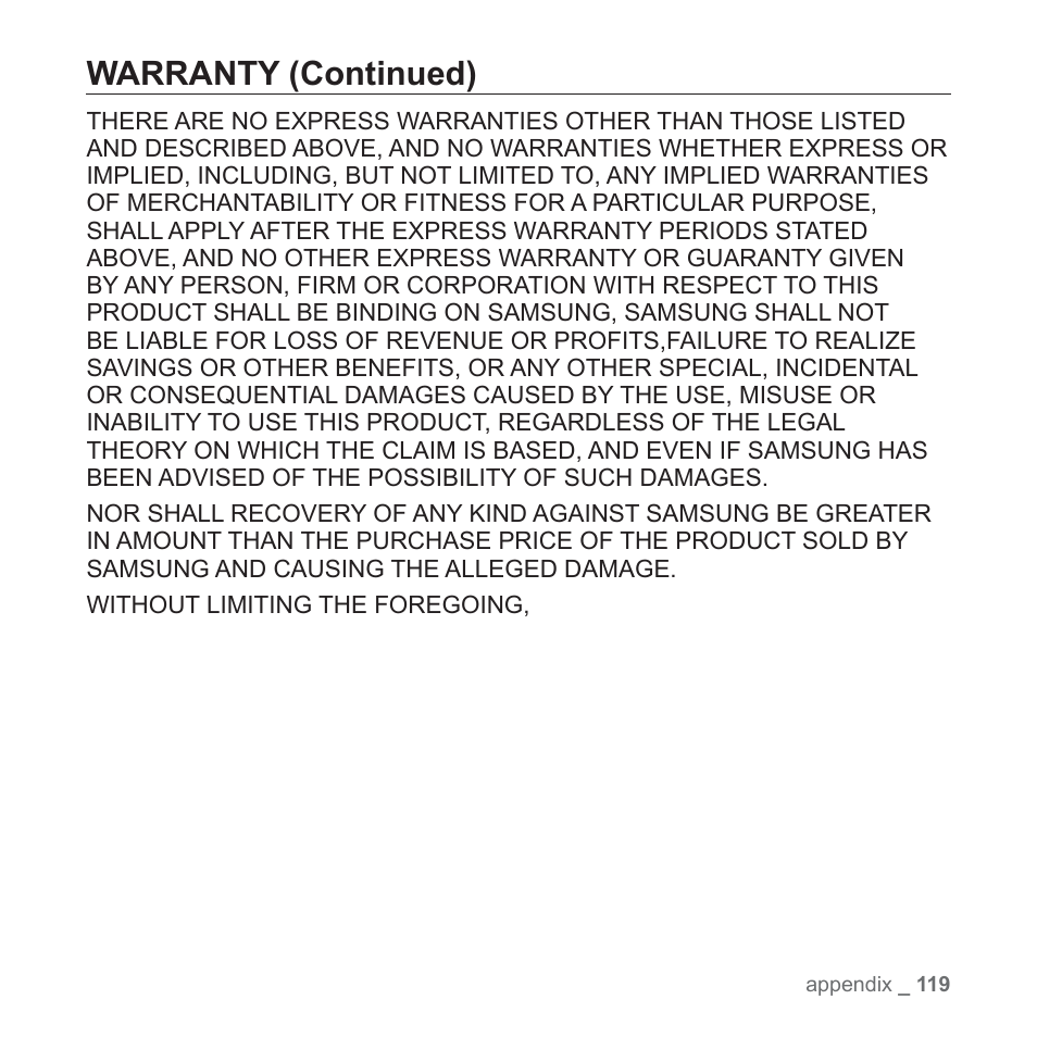 Warranty (continued) | Samsung YP-T10JAGY-XAA User Manual | Page 119 / 121