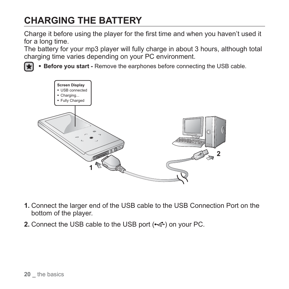 Charging the battery | Samsung YP-T10JAGY-XAA User Manual | Page 20 / 121