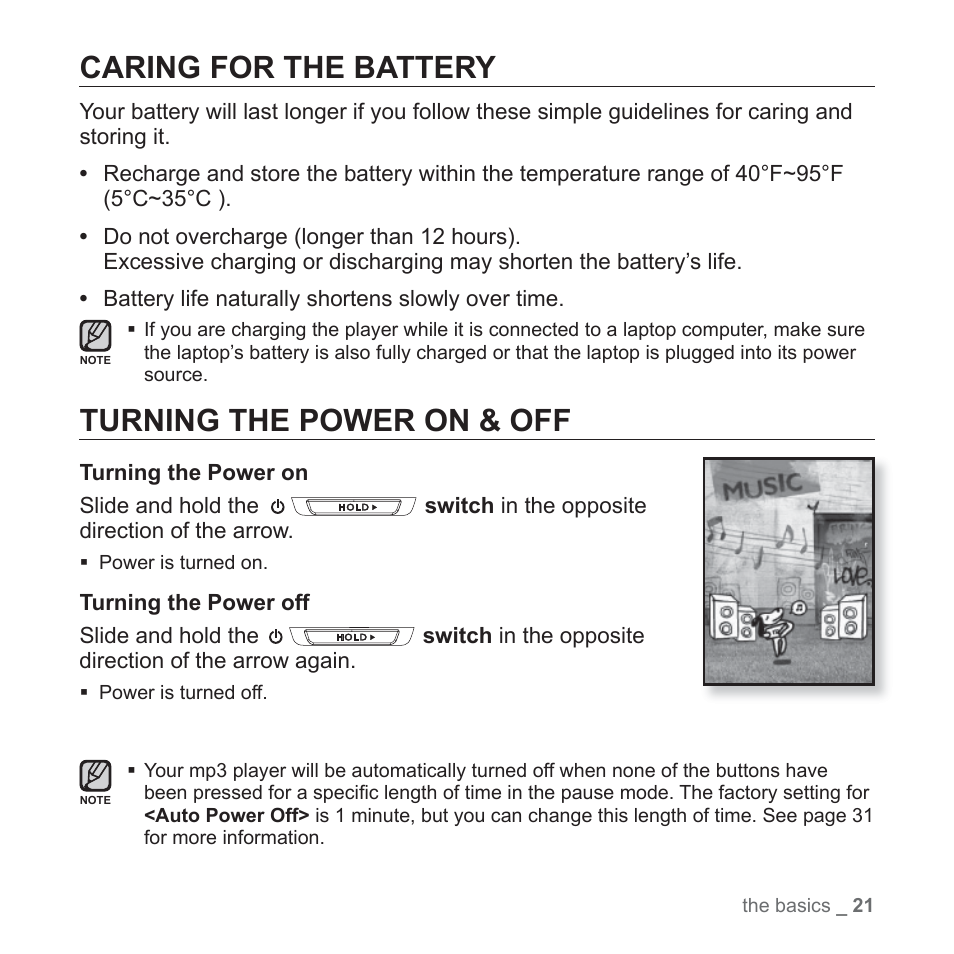 Caring for the battery, Turning the power on & off | Samsung YP-T10JAGY-XAA User Manual | Page 21 / 121