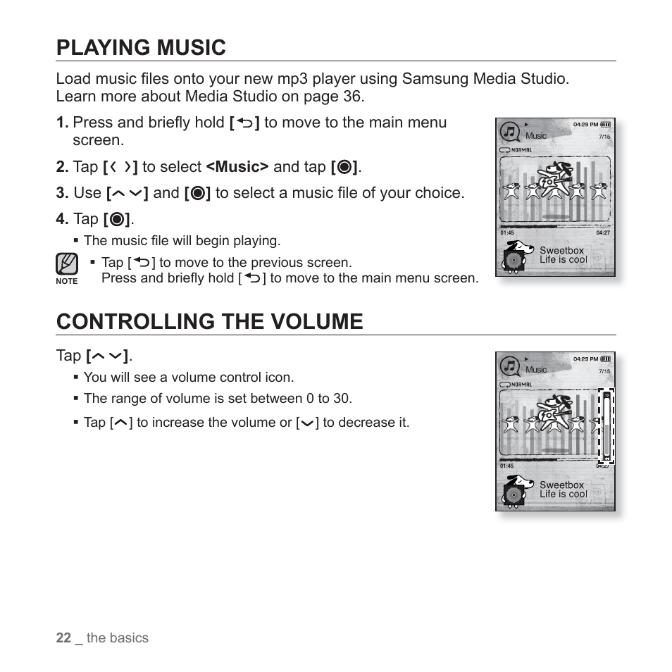 Playing music, Controlling the volume | Samsung YP-T10JAGY-XAA User Manual | Page 22 / 121