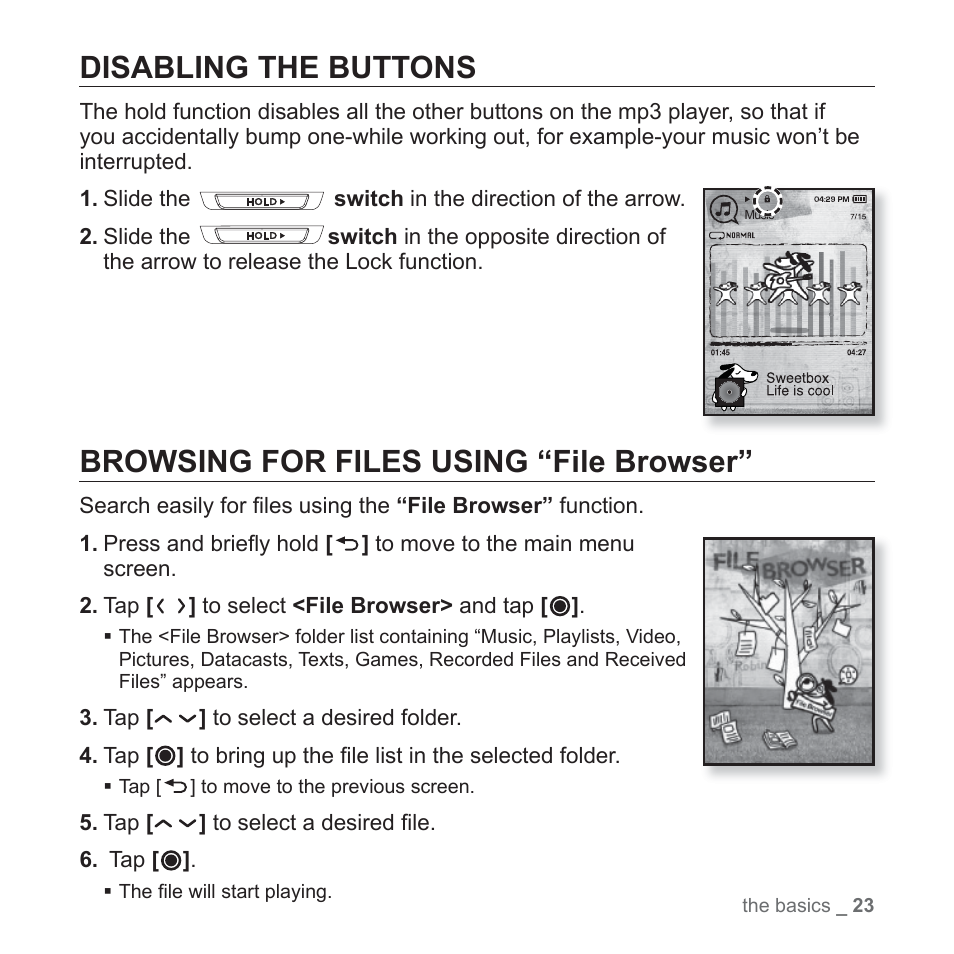 Disabling the buttons, Browsing for files using “file browser | Samsung YP-T10JAGY-XAA User Manual | Page 23 / 121