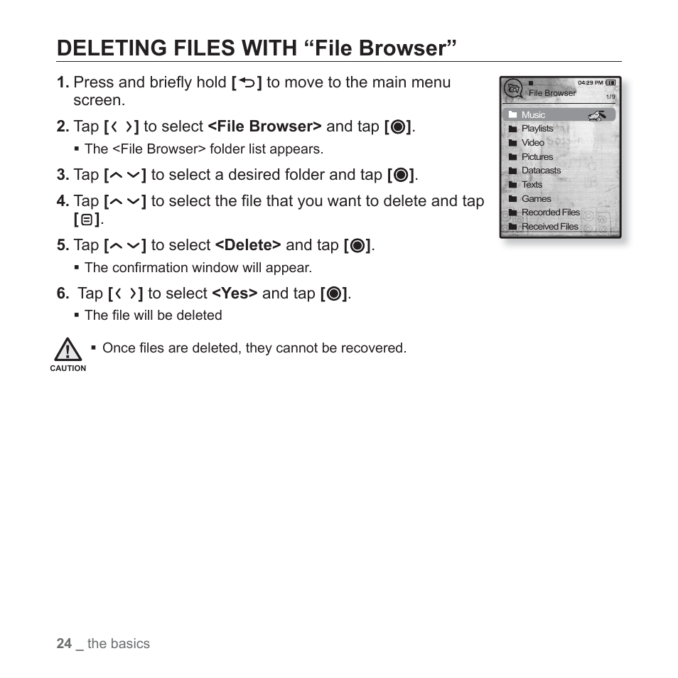 Deleting files with “file browser | Samsung YP-T10JAGY-XAA User Manual | Page 24 / 121