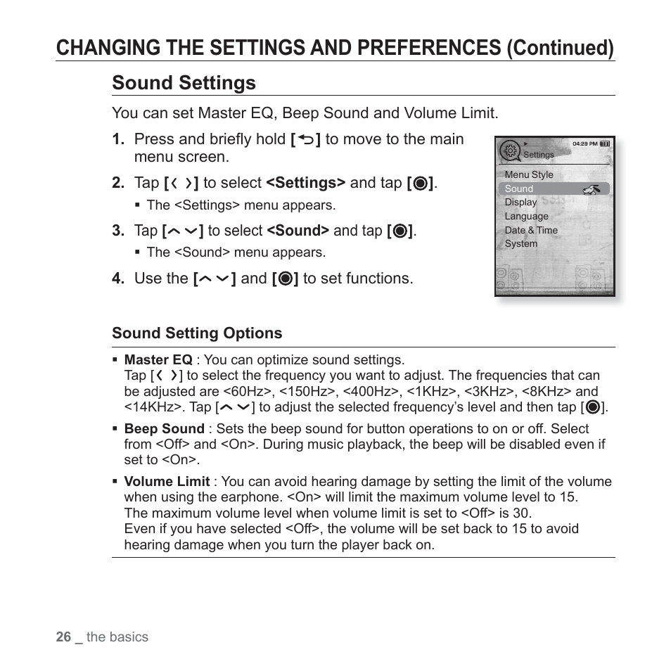 Changing the settings and preferences (continued), Sound settings | Samsung YP-T10JAGY-XAA User Manual | Page 26 / 121