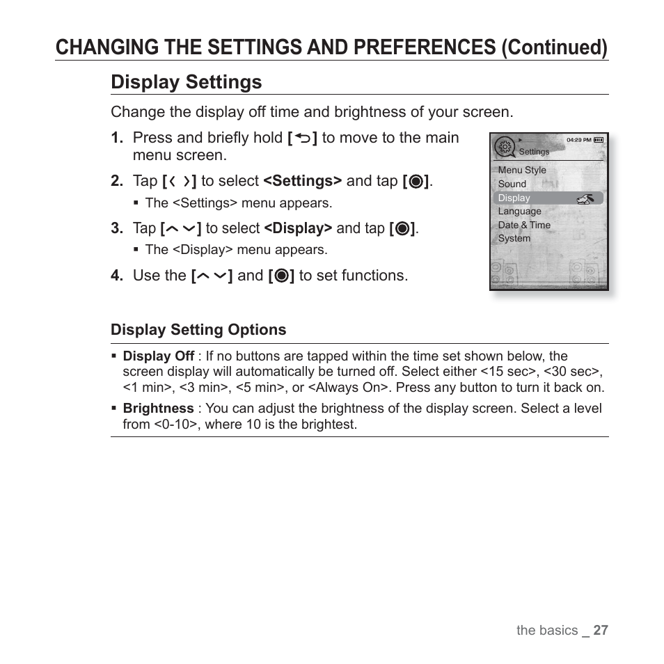 Changing the settings and preferences (continued), Display settings | Samsung YP-T10JAGY-XAA User Manual | Page 27 / 121