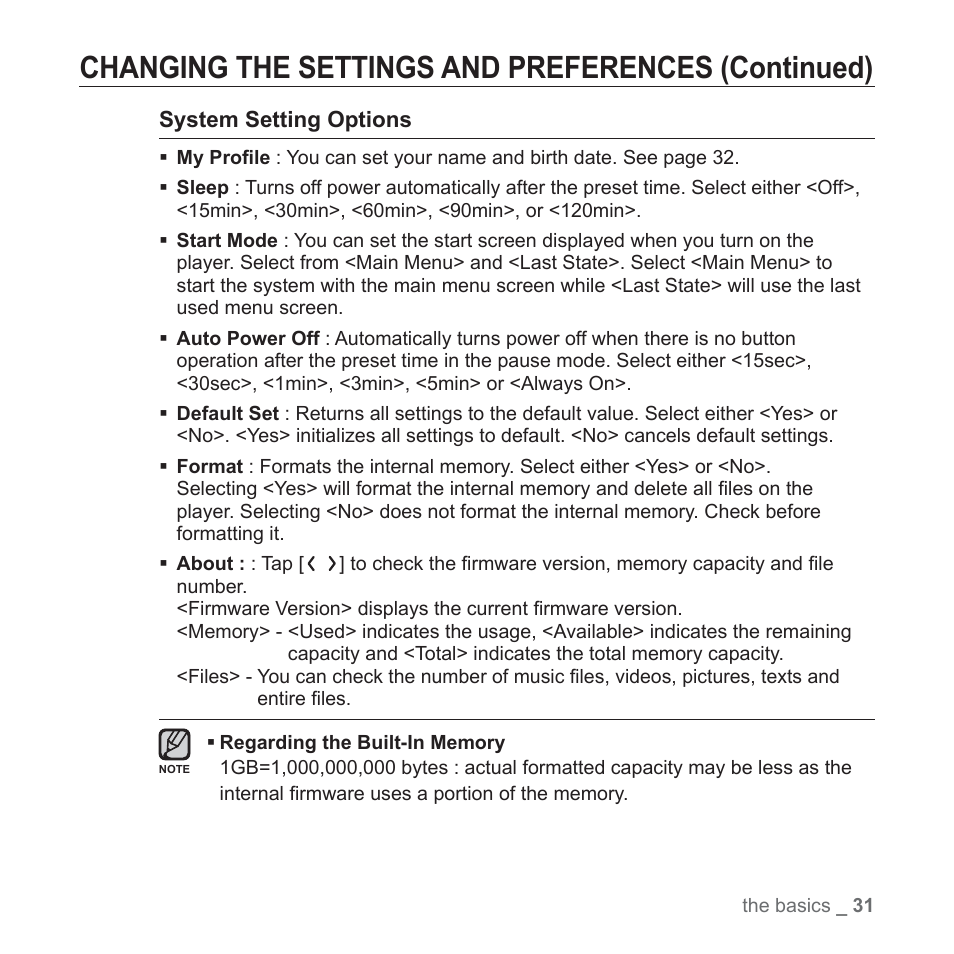 Changing the settings and preferences (continued) | Samsung YP-T10JAGY-XAA User Manual | Page 31 / 121